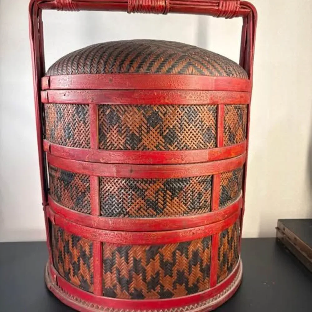 Chinese Wedding Basket 3-Tier Woven Antique
